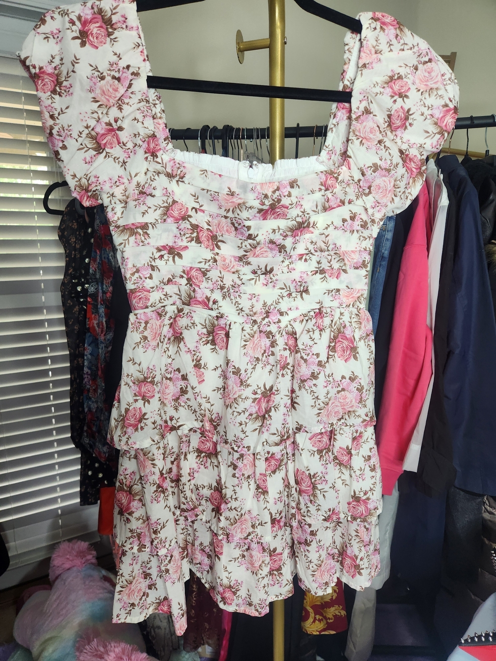 Altar'd State Cream Mini Dress with Pink Rose Floral Print